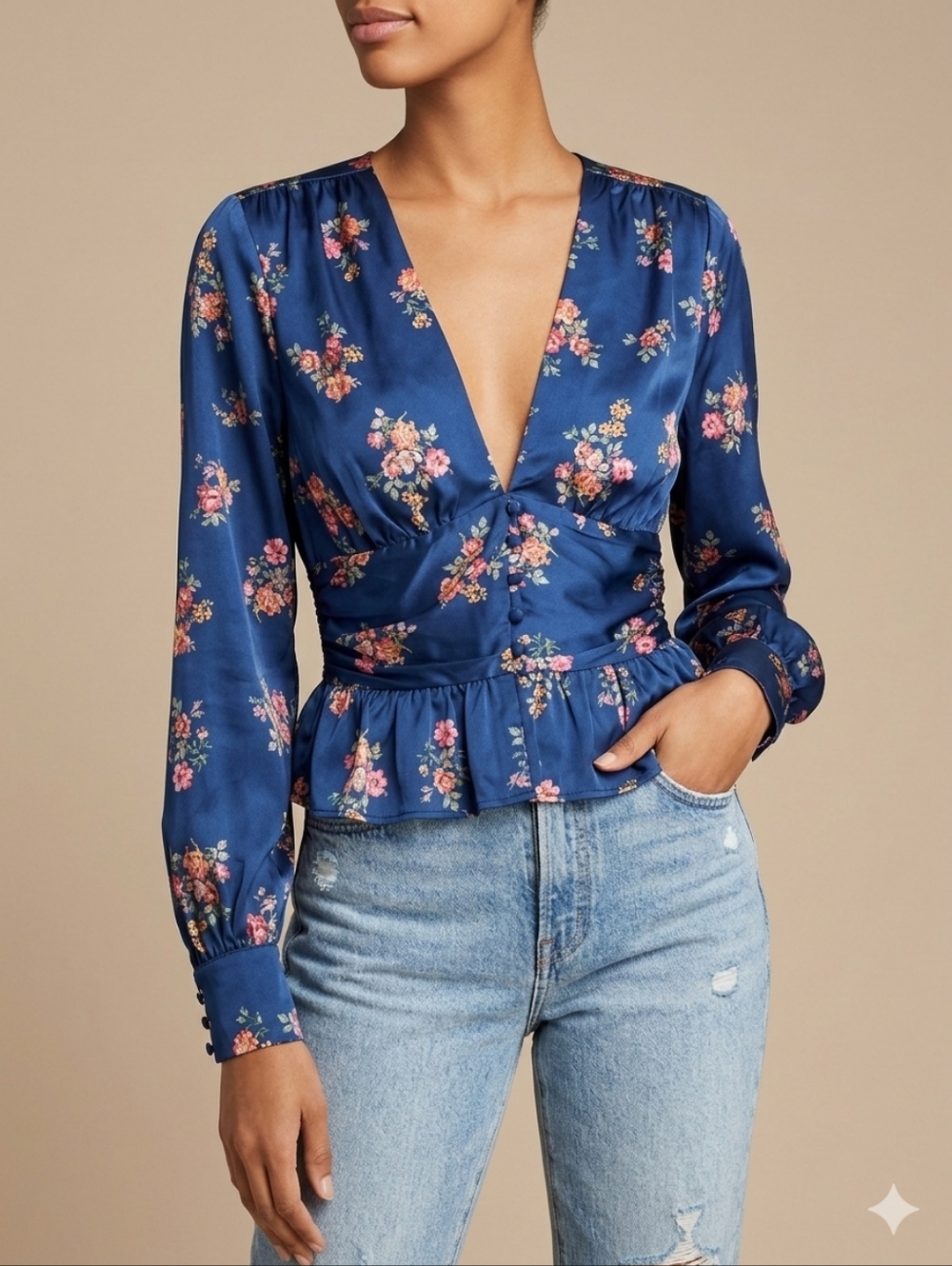 WAYF Blue Floral Smocked Peplum Top With Deep V-neck